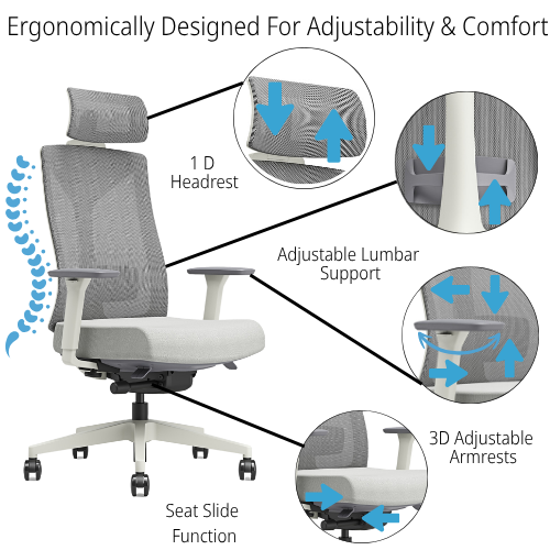 Ergonomic office chair with grey mesh backrest and headrest, white frame, and cushioned seat. The image highlights adjustable features with labeled callouts: 1D headrest, adjustable lumbar support, 3D adjustable armrests, and seat slide function. Blue arr